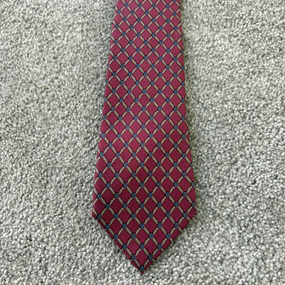 AUTHENTIC Hermès Paris 100% Silk Twill Tie - Pink Geometric Lattice (869 PA)